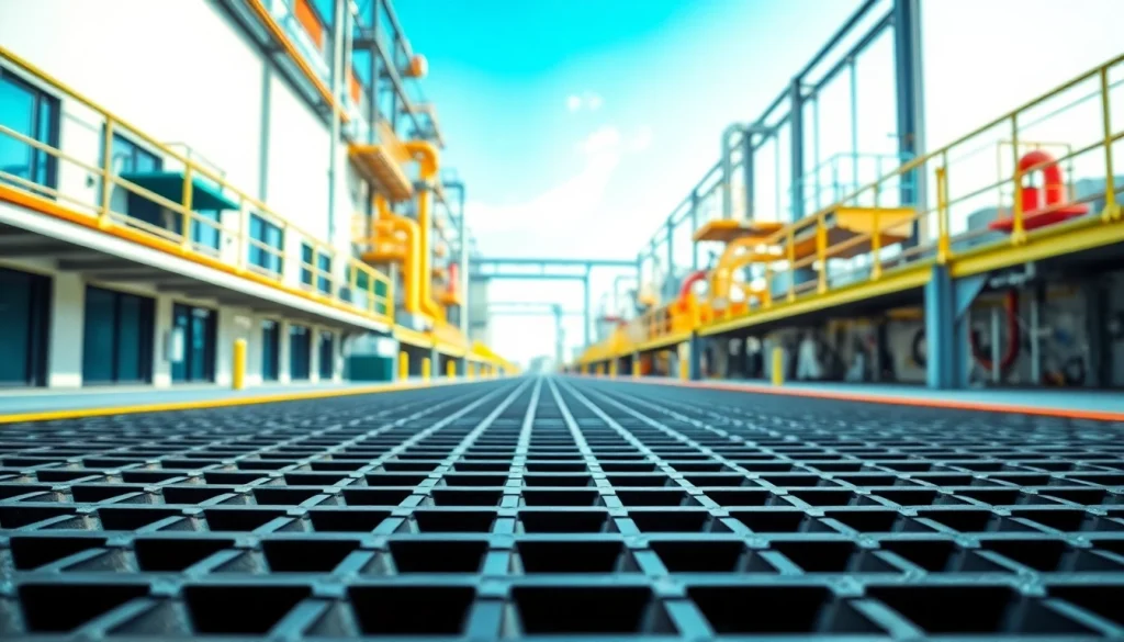 GRP Grating Supplier showcasing diverse applications and robust textures in a professional setting.