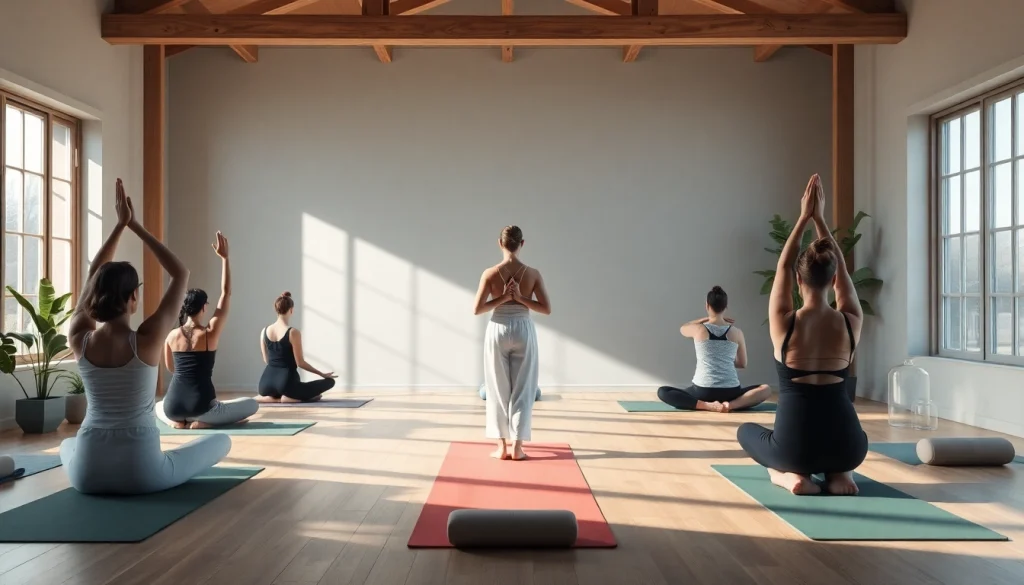 Engaged yoga students learning with Yoga Teacher AI in a peaceful studio environment.
