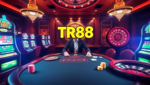 Engaged players strategizing over the TR88 poker table in an upscale casino.