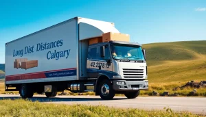 Long distance movers calgary truck preparing for a move with boxes in a beautiful landscape.