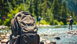Showcasing a fly fishing backpack with organized gear in a scenic river setting.