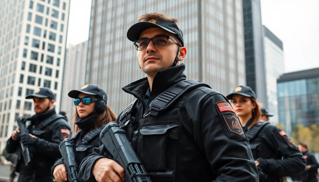 Professional security personnel from https://www.grsprotection.com ensuring safety in an urban setting.