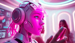 Immersive NSFW AI interaction in a vibrant virtual world, showcasing lifelike digital character and holographic interfaces.