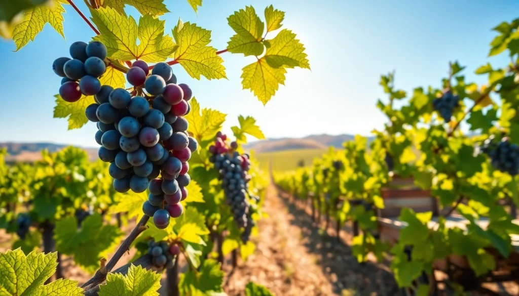 Harvest-ready grapes in a vineyard of Carksburg CA under bright sunlight, showcasing lush greenery.