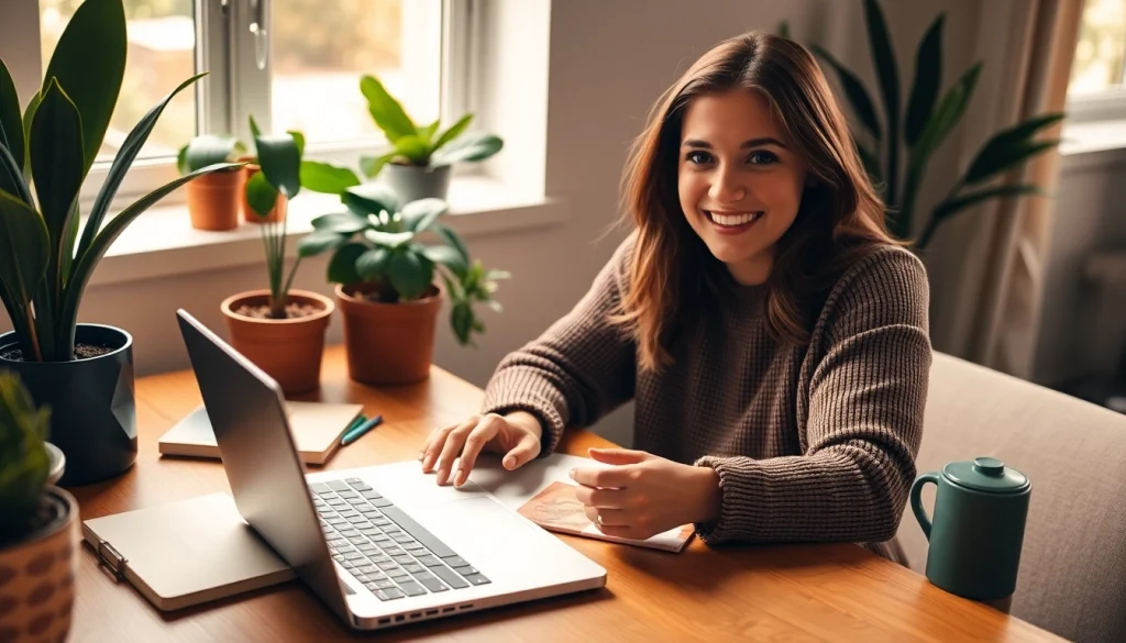 Engaging lifestyle scene of a blogger working on the Word Soup UK Blog in a cozy office.