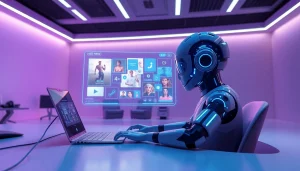 AI nsfw character chatbot interacting in a futuristic digital workspace.