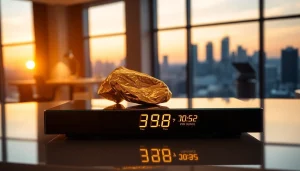 Display the gold price per ounce on a sleek digital scale with a prominent gold nugget for context.