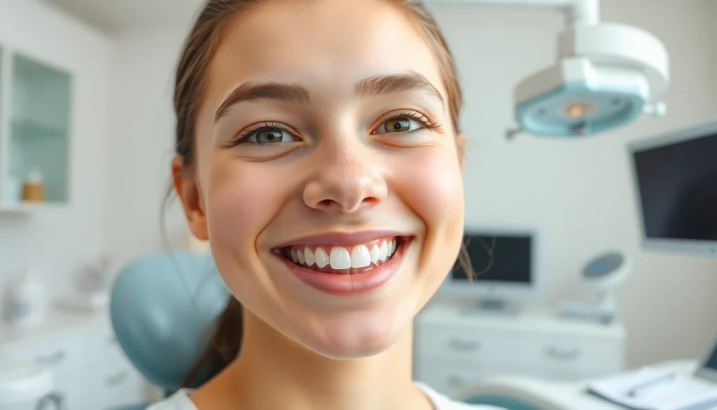 マウスピース矯正 安い - A confident young adult smiling while wearing a clear mouthpiece in a modern dental office setting.