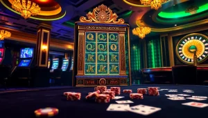 Rasakan kegembiraan Slot Zeus dengan adegan kasino mewah yang menampilkan mesin slot yang berwarna-warni.