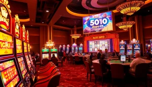 Rasakan kegembiraan Slot Depo 5K di kasino yang meriah, penuh mesin slot dan meja poker.
