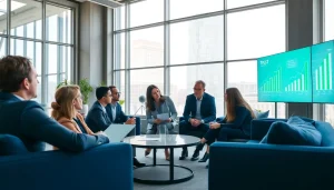 Analyze business growth insights during a collaborative meeting in a bright office.