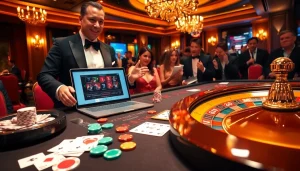 Experience the excitement of vuabai9 with a vibrant casino scene showcasing poker chips and cards.