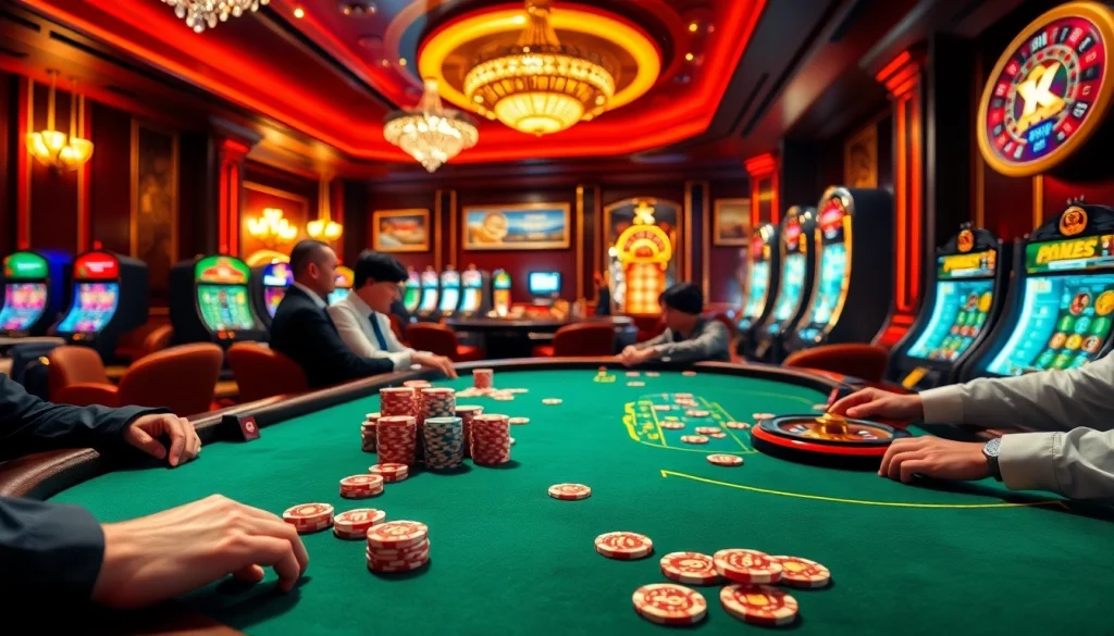 M88 gamblers strategize at a high-stakes poker table surrounded by vibrant casino excitement.