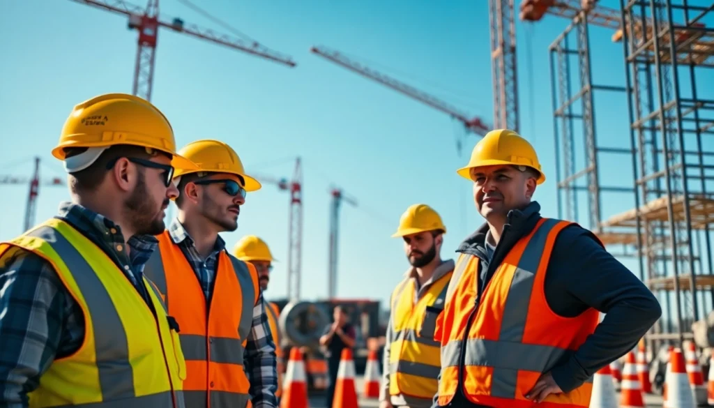 Workers ensuring construction site safety with responsive equipment and attire on a busy job site.