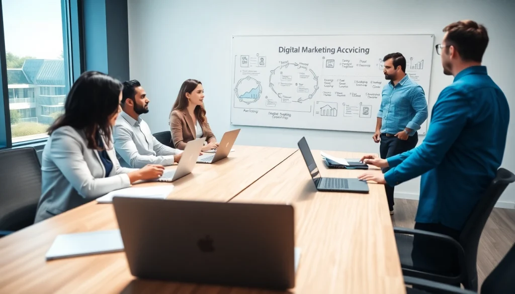 Marketing Agency team collaborating in a modern office space to strategize.