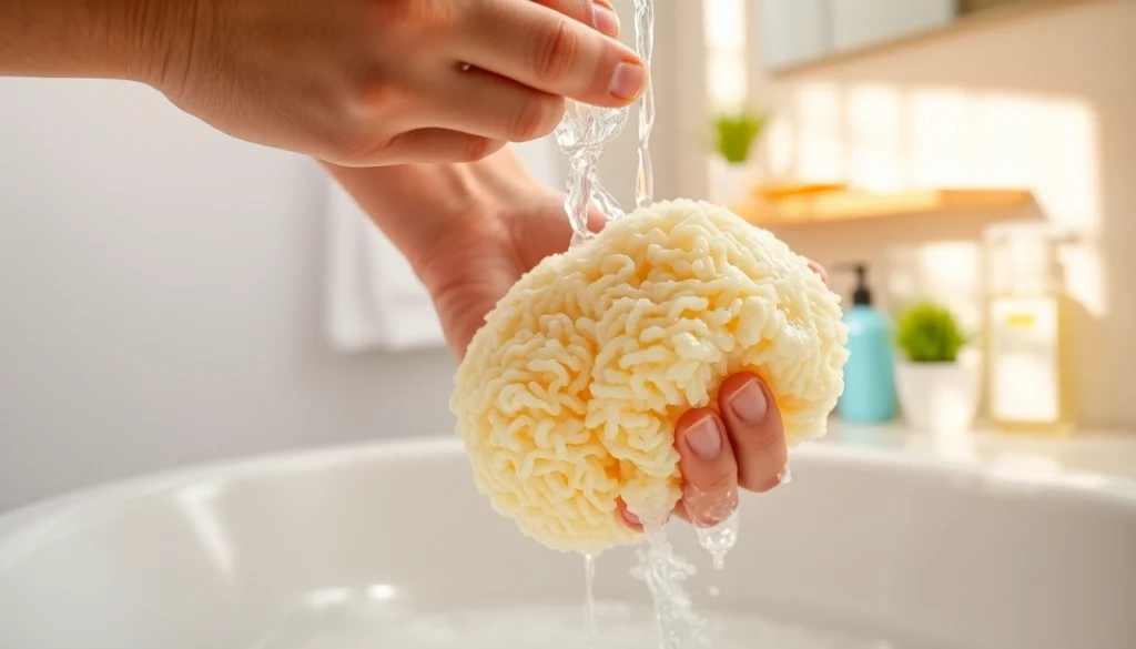 Learn how to clean a loofah effectively with soap and water in a bright bathroom setup.