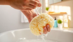Learn how to clean a loofah effectively with soap and water in a bright bathroom setup.