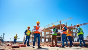 New Jersey Commercial General Contractor overseeing a dynamic construction project with workers and blueprints.