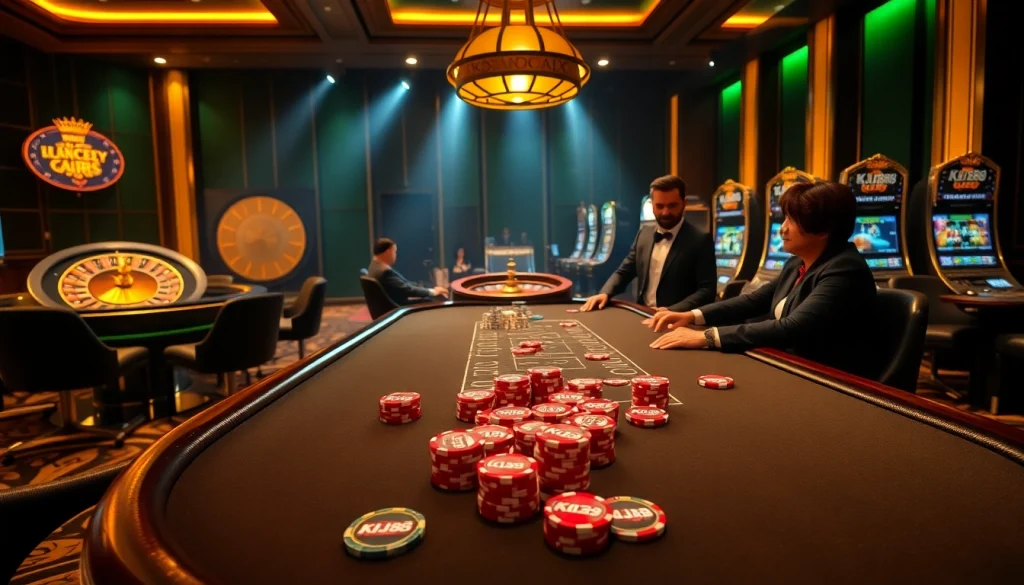 Engaged players at a luxurious KJC88 poker table in a vibrant casino atmosphere.