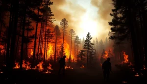 Capturing wildfire events with firefighters battling flames in a smoky forest.