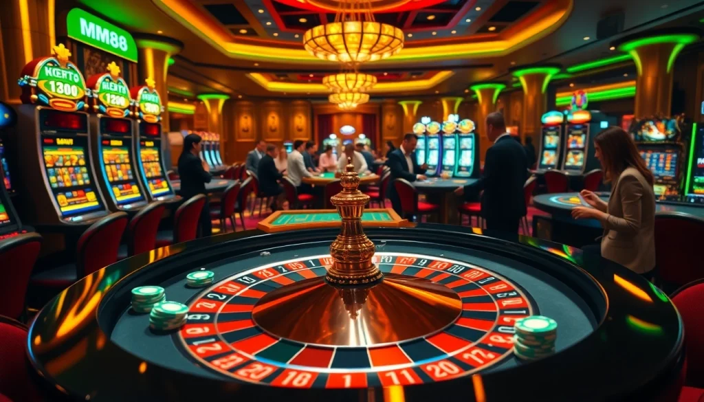 MM88 gamblers enjoying an exciting game around a luxurious casino table.