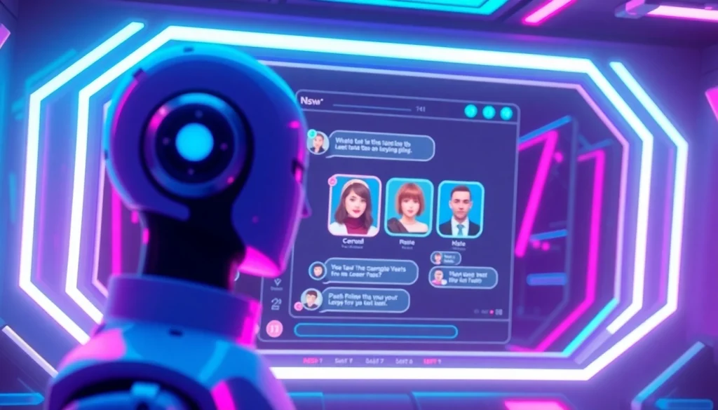 Futuristic NSFW AI chatbot interface showcasing customizable avatars and vibrant neon colors.