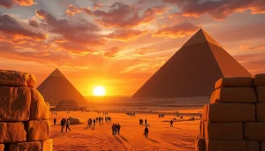 Visitors explore the majestic piraminds of Giza during a vibrant sunset.