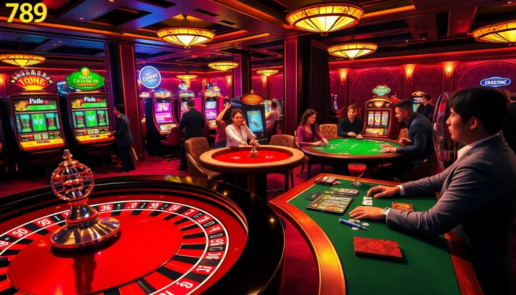 A thrilling visual of players enjoying various games at 789club casino, showcasing roulette and poker action.