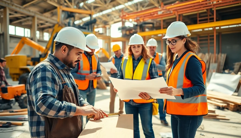Engaged teamwork demonstrating careers in construction with skilled workers on a site.
