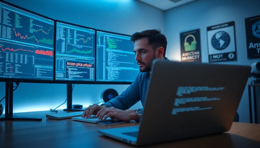 A cybersecurity expert analyzing data for an infosec project, showcasing advanced tech for tracking Amazon prices.