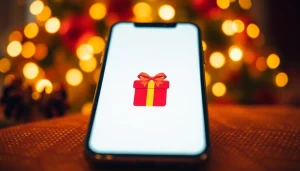 기프티콘이 돋보이는 스마트폰 화면과 축제 같은 배경이 함께 보이는 이미지