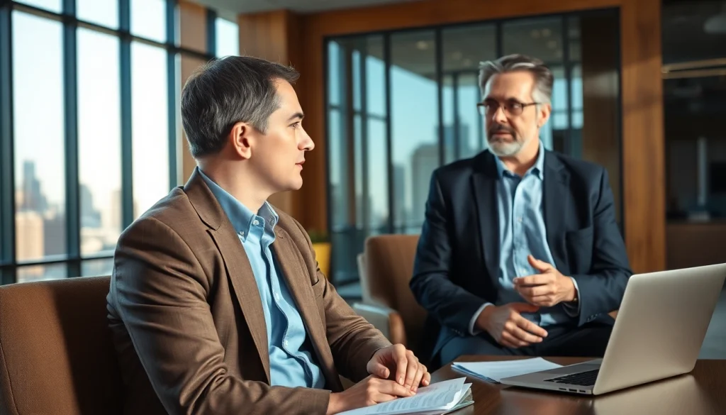 Eminent domain lawyer engaged in a client consultation in a modern office.