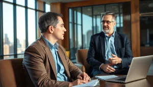 Eminent domain lawyer engaged in a client consultation in a modern office.