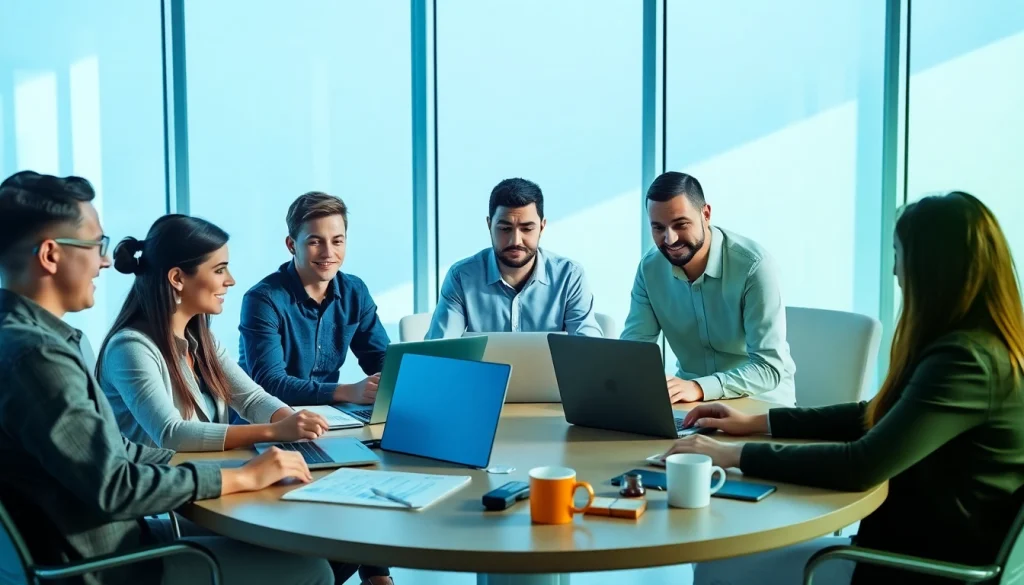 Engaging team collaboration on sales staffing platforms in a modern office.