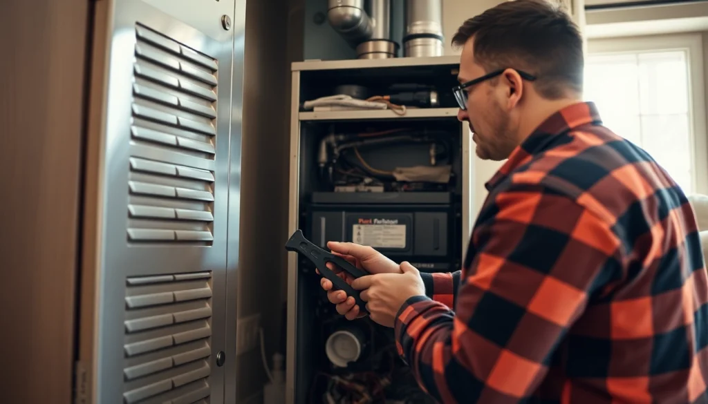Quality furnace repair goldens bridge service with a technician inspecting a home furnace.