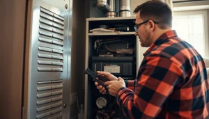 Quality furnace repair goldens bridge service with a technician inspecting a home furnace.