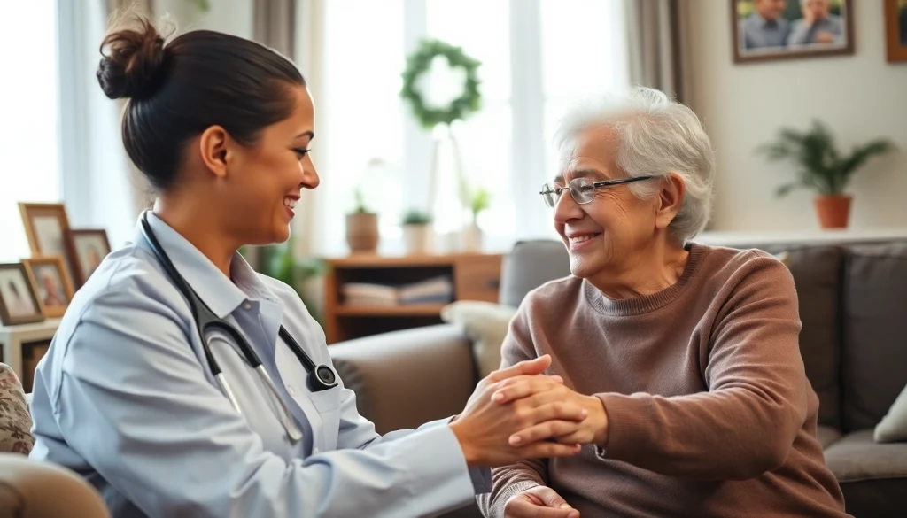 Caregiver providing in home care austin tx in a warm, inviting living room setting.