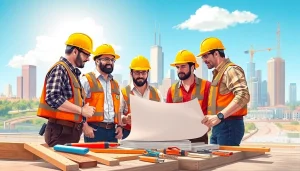 Builders collaborating on a project, representing the Texas association of builders in a vibrant city setting.