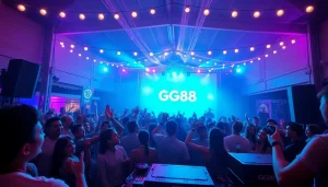 Experience the excitement at a GG88 live performance with vibrant lights and an energetic crowd.