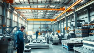 Workers collaborating in a steel fabrication shop, highlighting craftsmanship and precision.