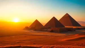 View of piraminds at sunset showcasing their ancient architecture and vast desert landscape.