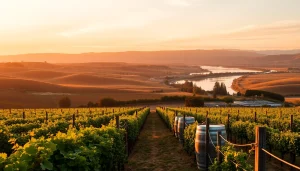 Scenic landscape of vineyards in Clarksburg, CA with warm sunset lighting.