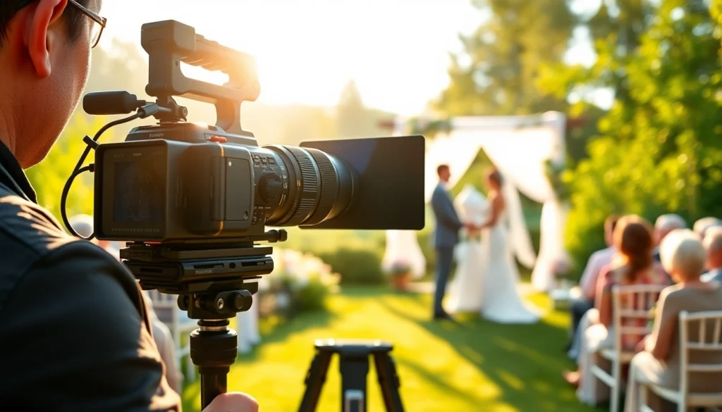 Calgary videographer capturing a wedding scene outdoors with a camera.