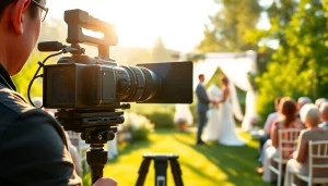 Calgary videographer capturing a wedding scene outdoors with a camera.