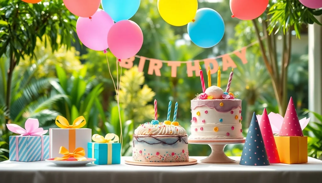 Colorful decorations at a lively Singapore birthday party with a vibrant cake and festive atmosphere.