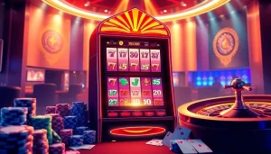 Rasakan permainan slot pulsa yang mendebarkan di kasino online mewah dengan mesin slot yang berwarna-warni dan elemen kasino yang hidup.