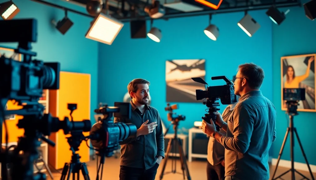 Showcasing video production Calgary, a team collaborates in a vibrant studio on creative projects.