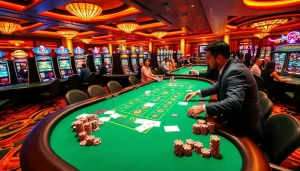 Players enjoying high-stakes games at Haywin Casino's vibrant blackjack table and slot machines.