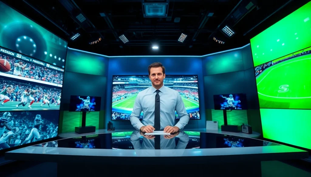 Engaging sports broadcasting studio capturing a dynamic anchor amidst vibrant game footage.