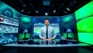 Engaging sports broadcasting studio capturing a dynamic anchor amidst vibrant game footage.